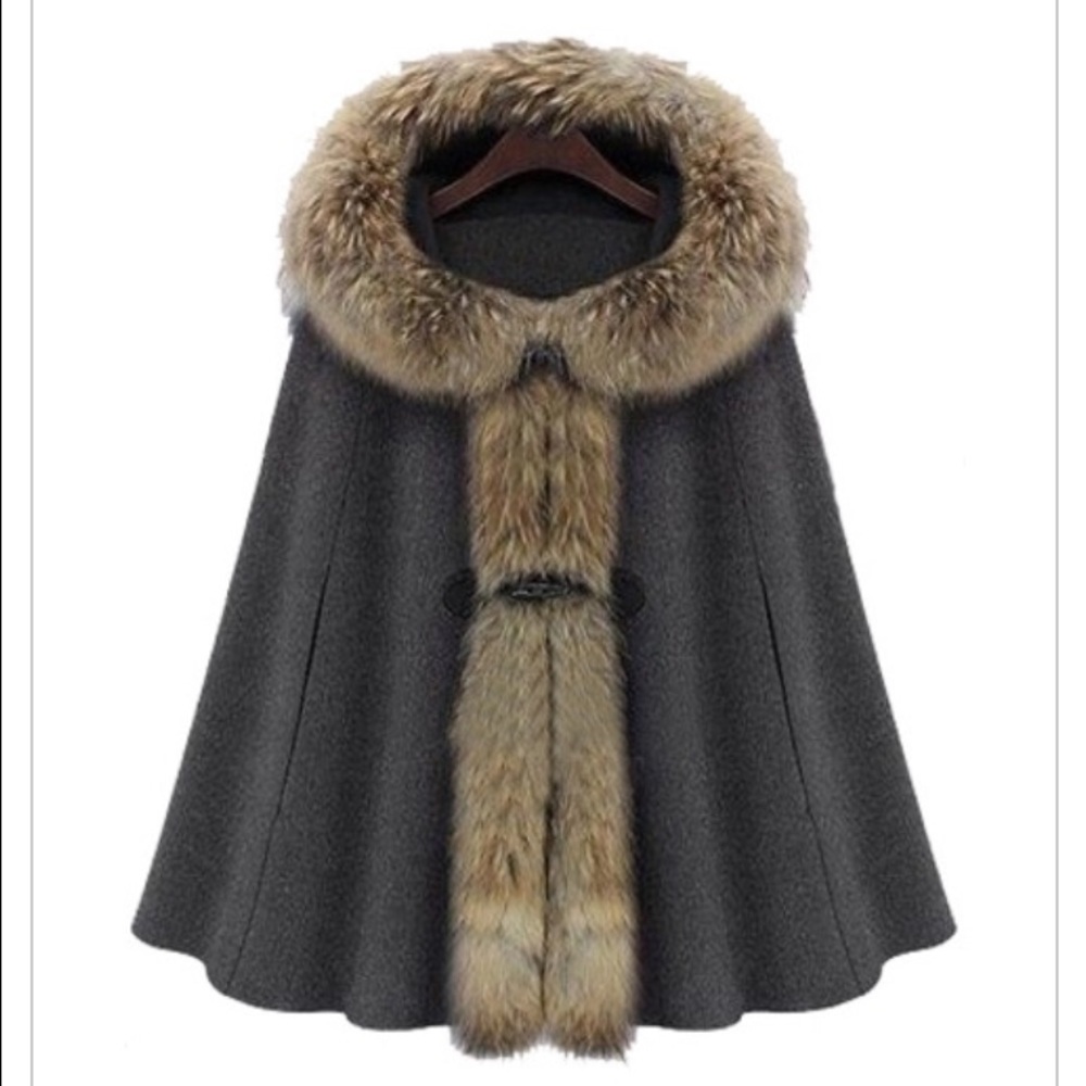 Dark Grey Fur Hooded Buckle Ruffles Cape Coat